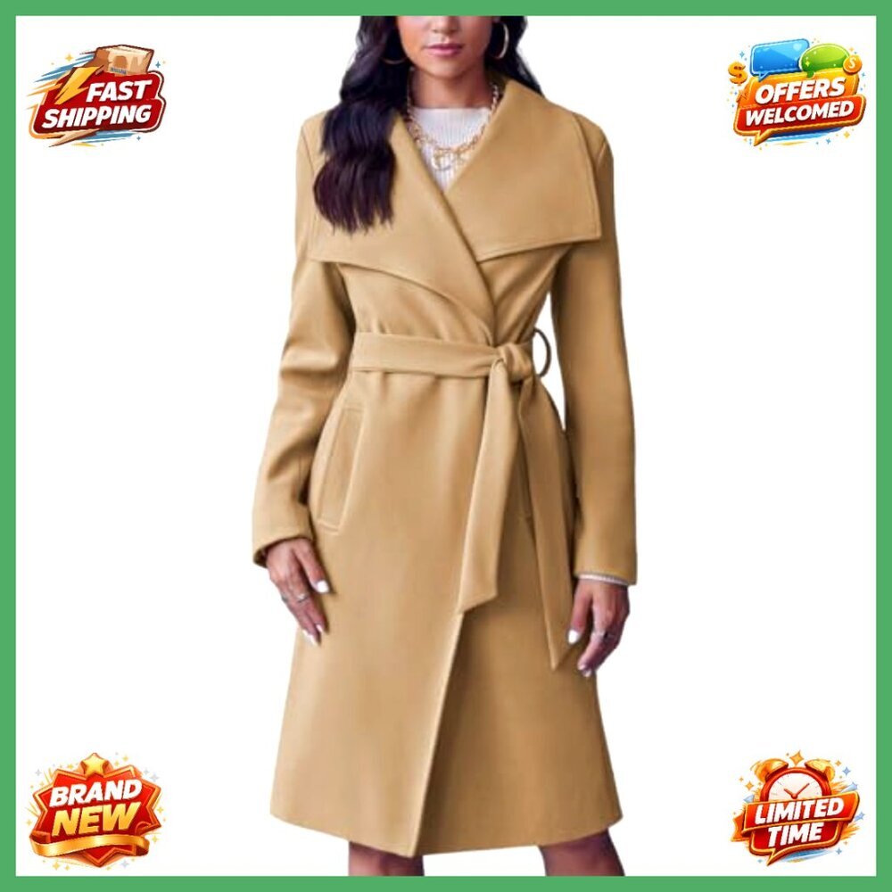 Women's Long Trench Coat with Belt, Lapel Collar, Pockets, 50% Recycled Material - Picture 3 of 7